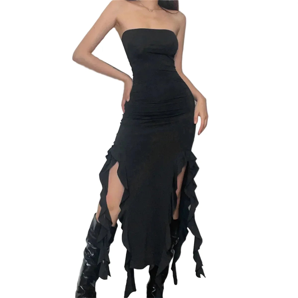 Women's Black Strapless Ruffle Slit Maxi Dress - primary photo, shown with a person