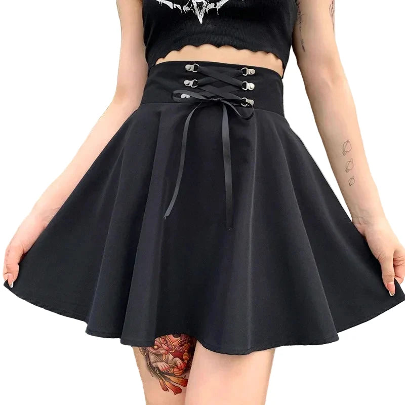 Women's Black High-Waist Lace-Up Skater Mini Skirt - primary photo, shown with a person (1 of 2)