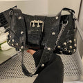 Women's Black Croc-Emboss Studded Baguette Bag - primary photo, shown with a person (1 of 3)