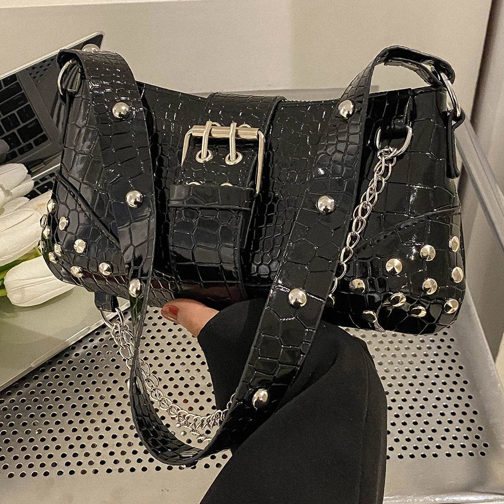 Women's Black Croc-Emboss Studded Baguette Bag - primary photo, shown with a person (1 of 3)