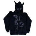 Unisex Black Rhinestone Snake Horn Zip Hoodie - front studio view