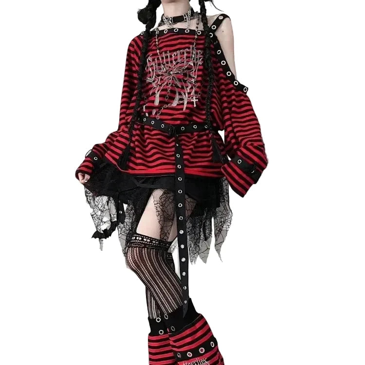 Women's Blue Stripe Cold-Shoulder Graphic Top - alternate view, shown with a person (2 of 2)