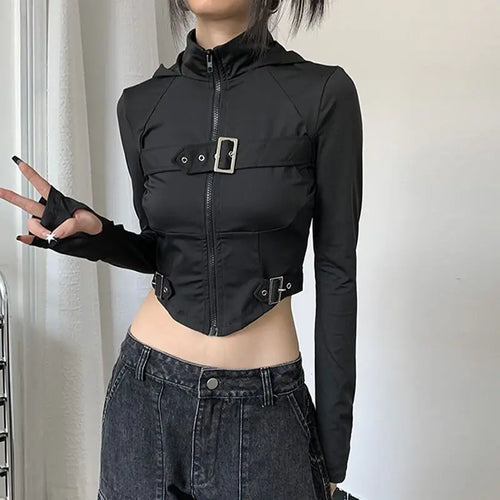 Black Gothic Buckle Crop Zip Hoodie
