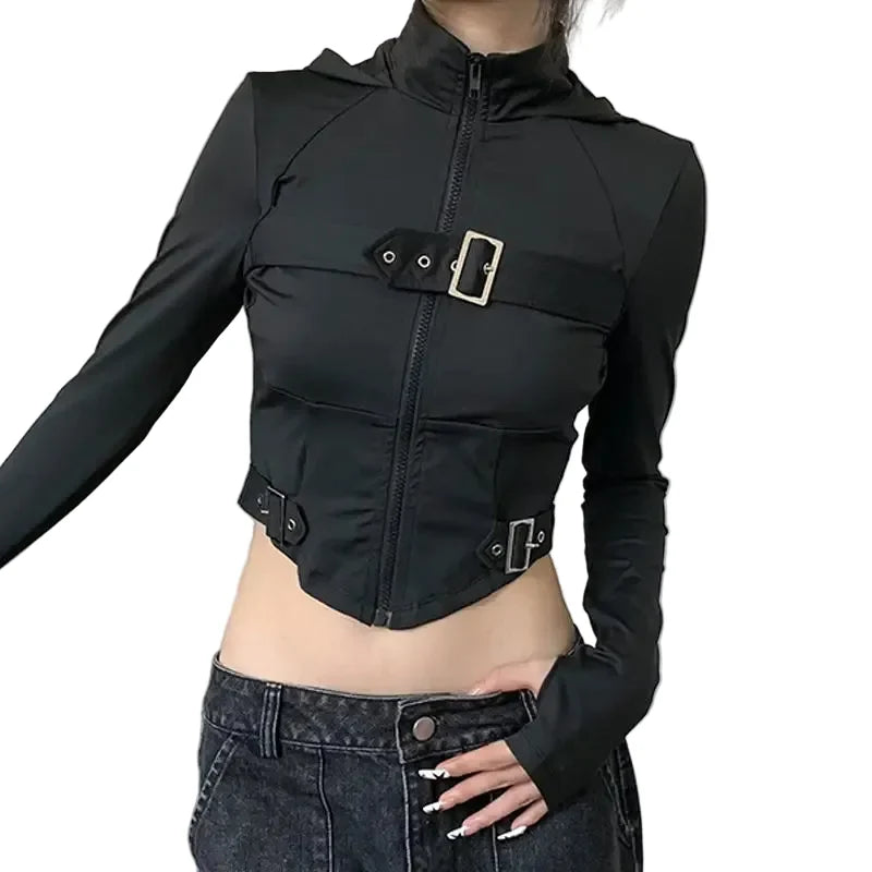 Women's Black Gothic Buckle Crop Zip Hoodie - primary photo, shown with a person (1 of 3)