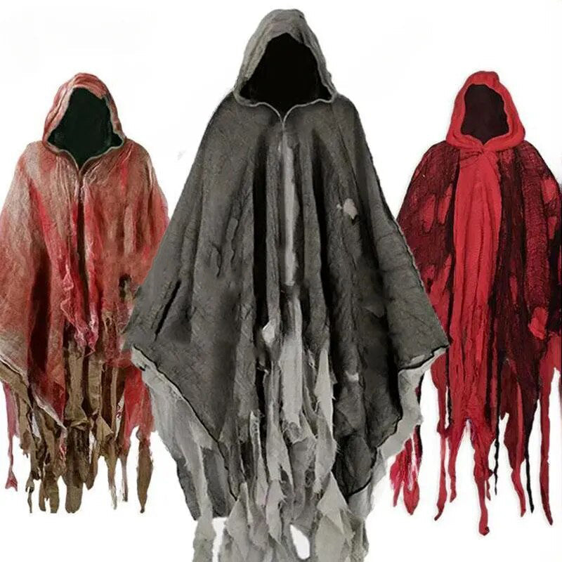 Unisex Black Gray Tattered Hooded Cloak