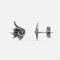 Silver Abyss Conch Ear Studs with curled conch shape, fin-like ridges, black zircon center, and flat back post on a clean background.