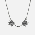 Silver Abyssal Bind Necklace with twin conch-like forms, shell ridges, central rope chain detail, and antiqued finish on a clean background.