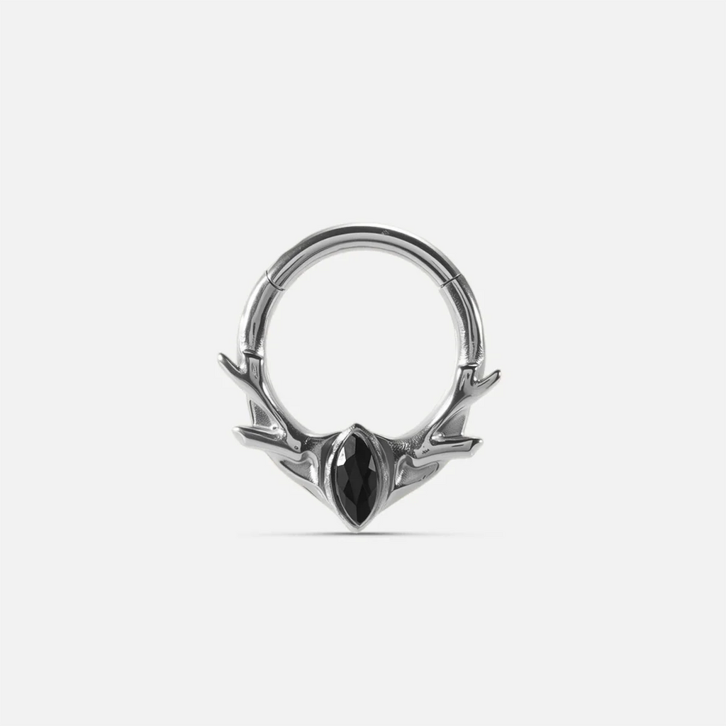 Silver Antler Mark Clicker with black obsidian stone and reduced antler form