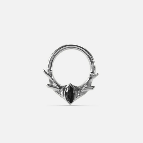 Silver Antler Mark Clicker with black obsidian stone and reduced antler form