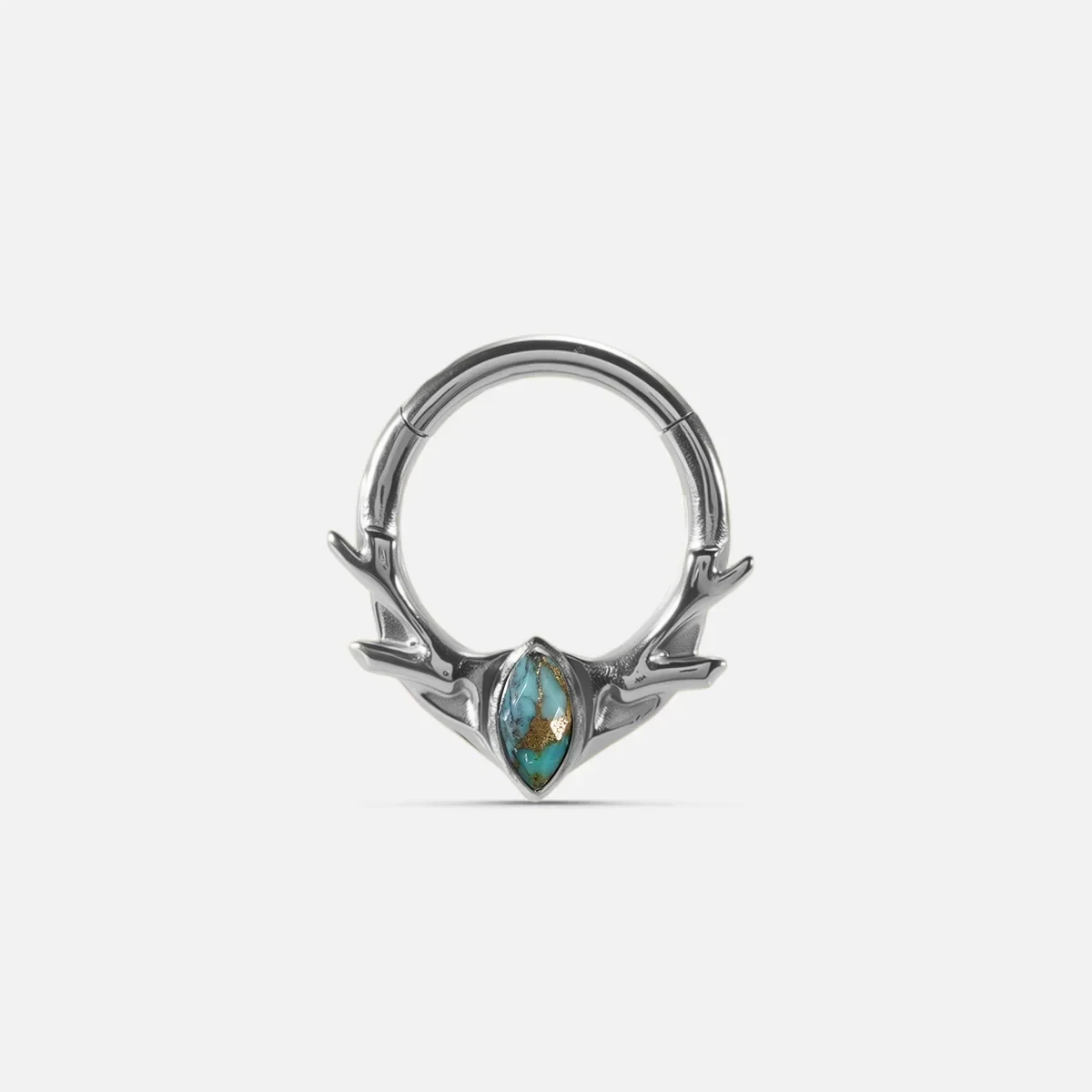 Antler Mark Clicker in polished titanium with turquoise marquise stone and sculpted antler design