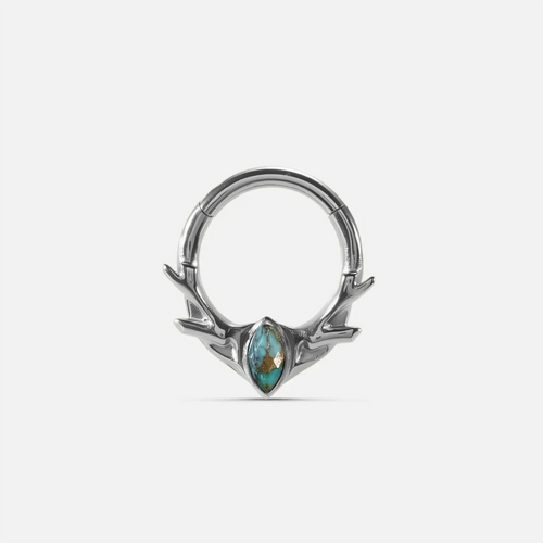 Antler Mark Clicker in polished titanium with turquoise marquise stone and sculpted antler design