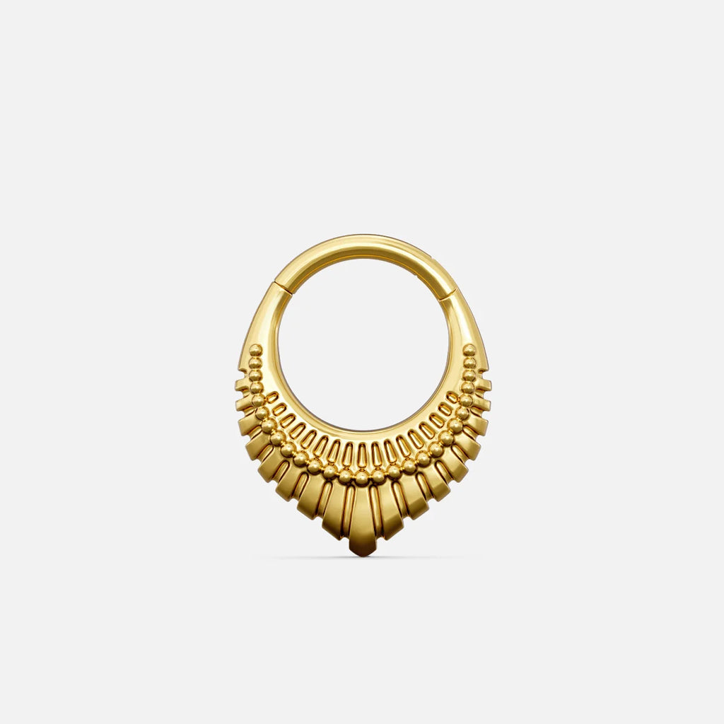 Gold-tone Artisan Inspired Clicker with a rounded ring and layered fan-shaped decorative accents.