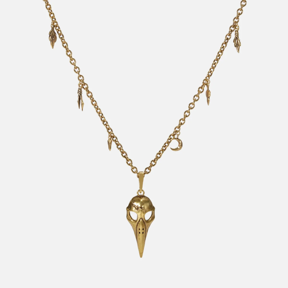 Augur Skull Necklace in 18K gold plating with bird skull pendant and antiqued charm chain