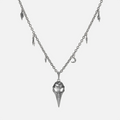 Augur Skull Necklace in silver plating with bird skull pendant, leaf charms, and antiqued finish