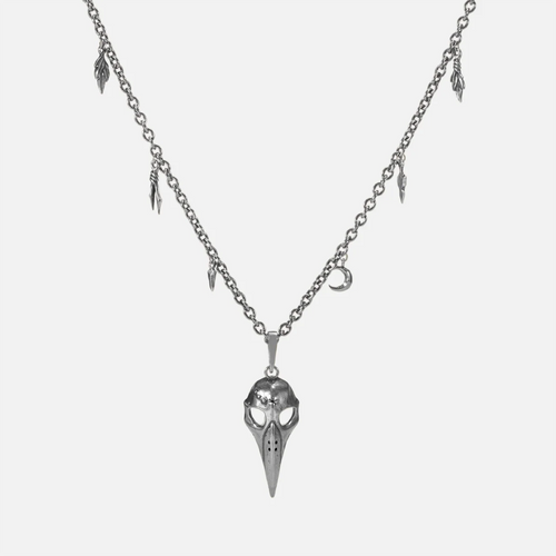 Augur Skull Necklace in silver plating with bird skull pendant, leaf charms, and antiqued finish