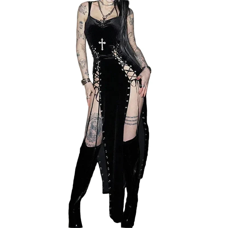 Cross Lace-Up Gothic Maxi Dress - primary photo, shown with a person (1 of 2)