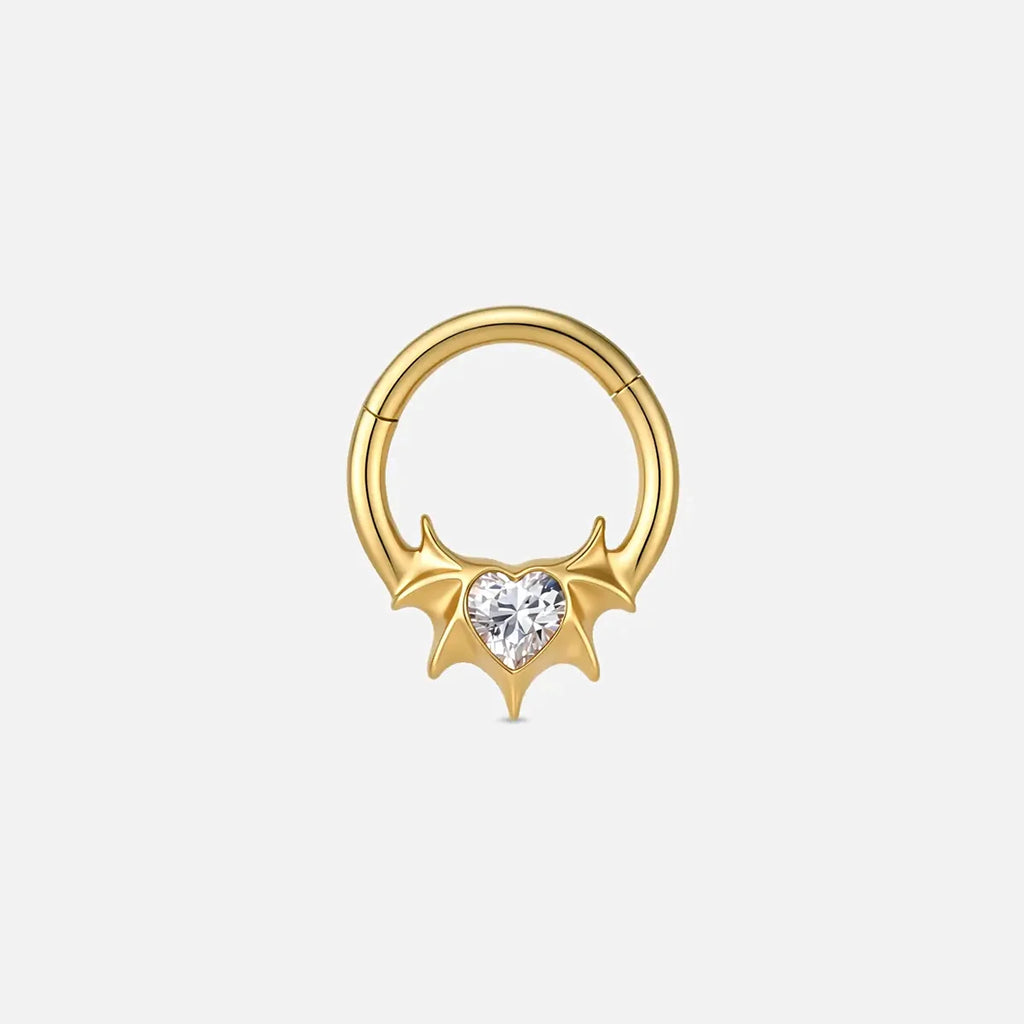Gold batwing heart titanium clicker with clear cubic zirconia, product view 2 – PUNKYOUTH