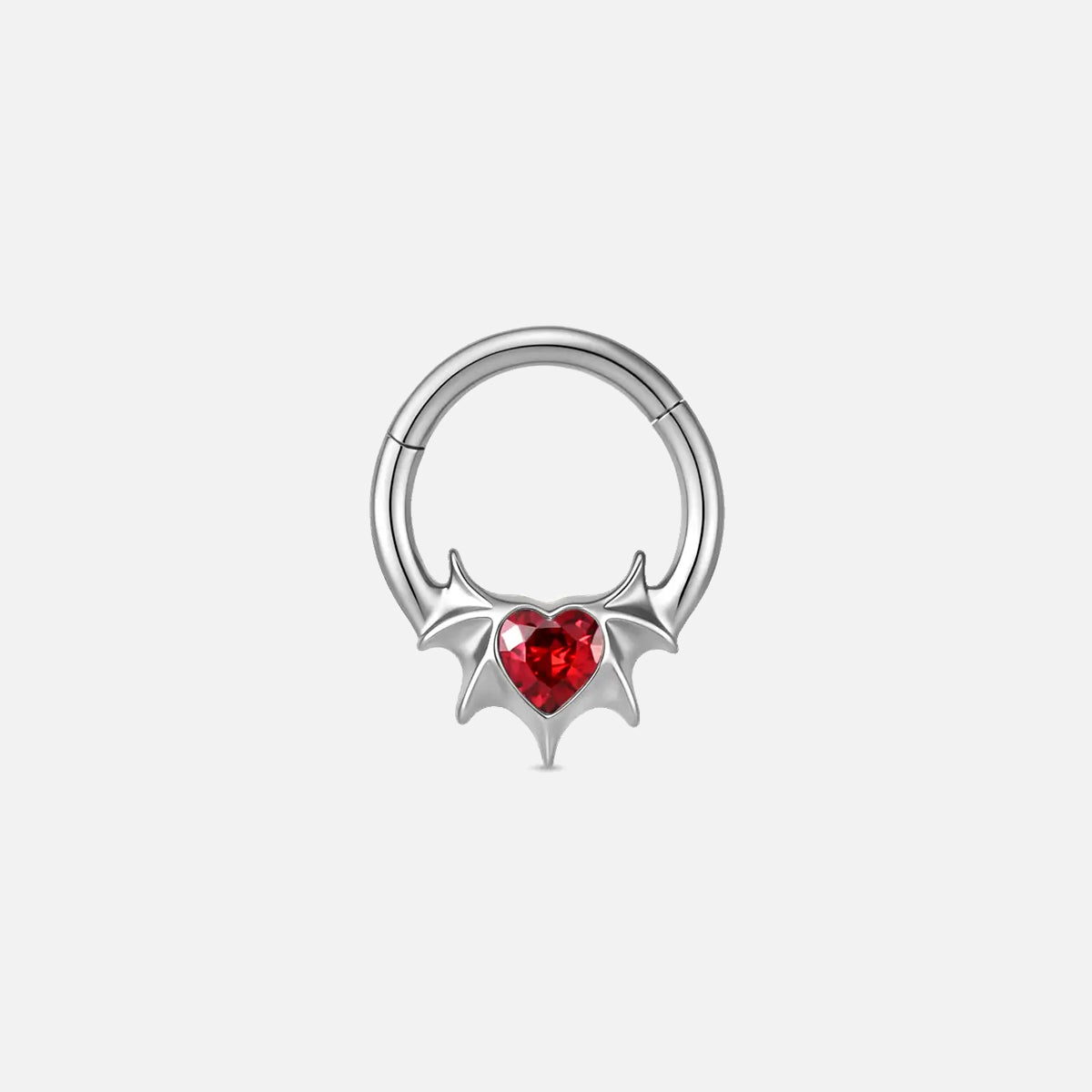 Silver batwing heart titanium clicker with red cubic zirconia, product view 1 – PUNKYOUTH