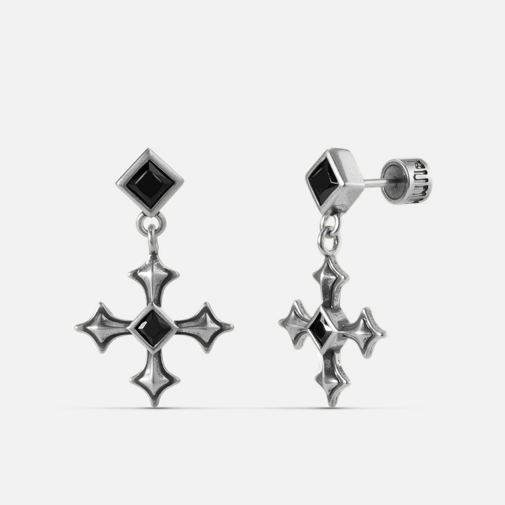 Black Testament Earrings in antiqued silver with gothic cross motifs and black obsidian, shown as a pair on white.