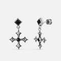 Black Testament Earrings in antiqued silver with gothic cross motifs and black obsidian, shown as a pair on white.