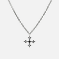 Black Testament Necklace in antiqued silver with a gothic cross pendant and black obsidian, shown full length on white.