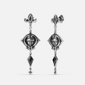 Antiqued silver-tone Blind Oracle Drop Earrings shown from front and side views with blindfolded face motifs and faceted black zircon drops.