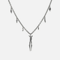 The silver-tone Bound Twin Necklace features a twin spike pendant, leaf charms, and an antiqued finish.