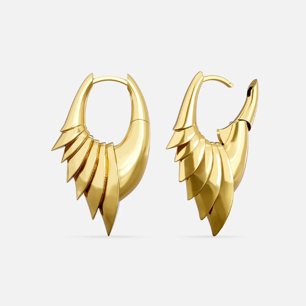 Pair of gold-tone wing hoop earrings shown front and side, one clasp open