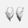 Pair of silver-tone wing hoop earrings shown front and side, one clasp open