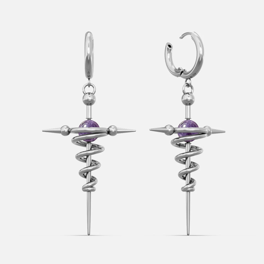 Silver-tone cosmic flow earrings featuring a coiled spike and a purple bead accent, shown as a pair