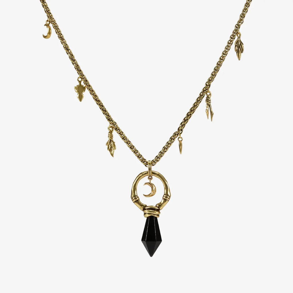 Crescent Ward Necklace in 18K gold plating with black obsidian spike pendant and crescent moon detail