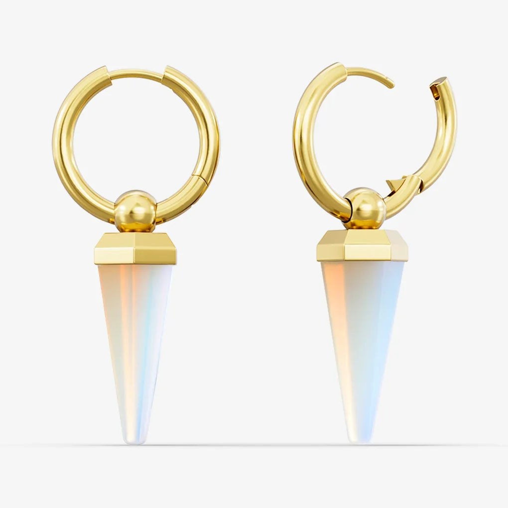 Pair of gold-tone Crystal Prismatic hoop earrings shown closed and open with iridescent crystal points