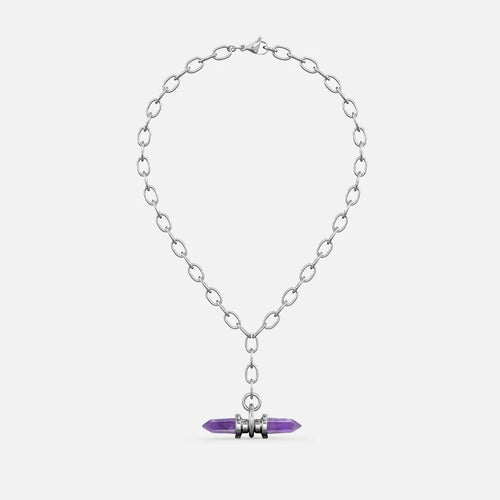 Silver-tone chain necklace with a purple crystal prism pendant wrapped in metal rings, shown flat against a plain background