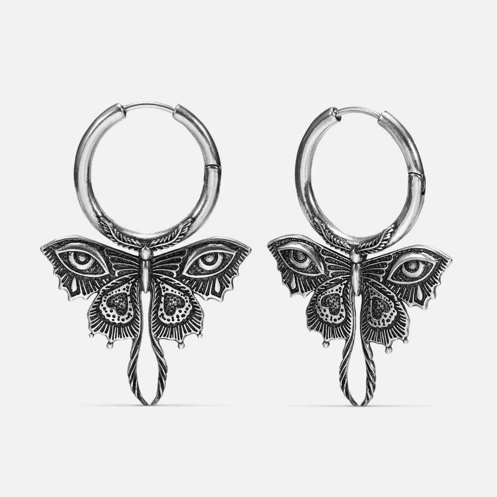 Silver-tone Enchanted Moth hoop earrings with engraved wings and long feather-like tails