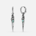 Eye Dagger Earrings in 925 sterling silver, pair shown front and back on white, featuring turquoise eye inlays and pointed da