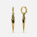 Gold-tone Eye Dagger Earrings feature eye-shaped stone inlays and dagger drop pendants.