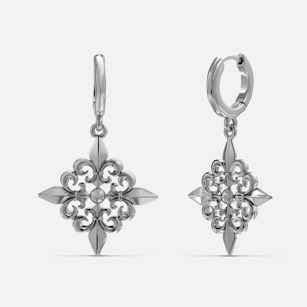 Fleur-de-Lis Elegance Earrings in 925 sterling silver, pair shown front and back on white, highlighting the ornate fleur-de-l