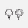 Silver-tone deer skull hoop earrings with antler details shown from front and side angles
