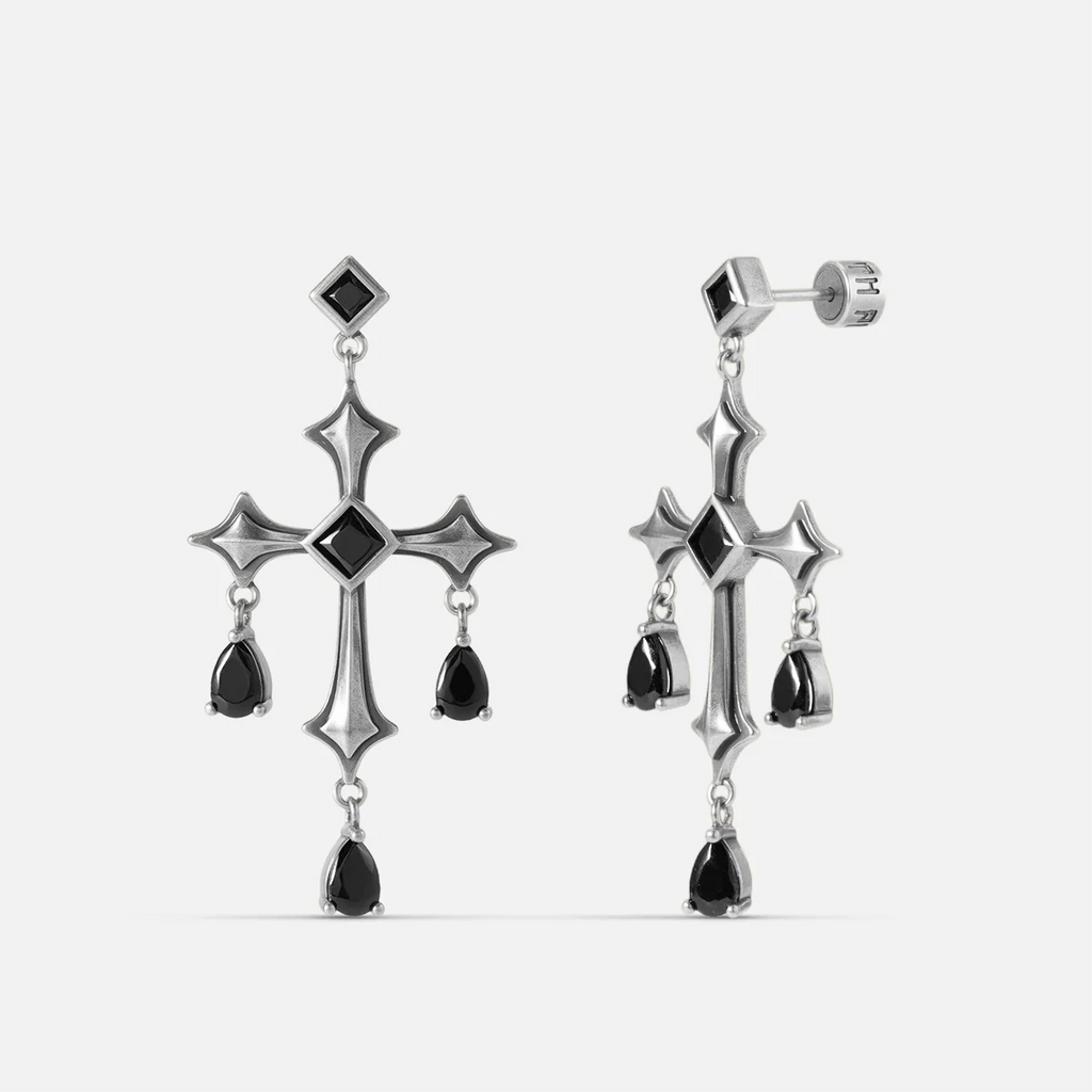 Forsaken Vow Earrings in antiqued silver with gothic cross-inspired drops and black obsidian, shown as a pair on white.