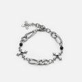 Fractured Creed Bracelet in antiqued silver with fractured cross-inspired metalwork and black obsidian, shown on white.