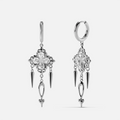 Silver-tone Gothic Bloom dangle earrings with ornate floral medallions and slim spike charms
