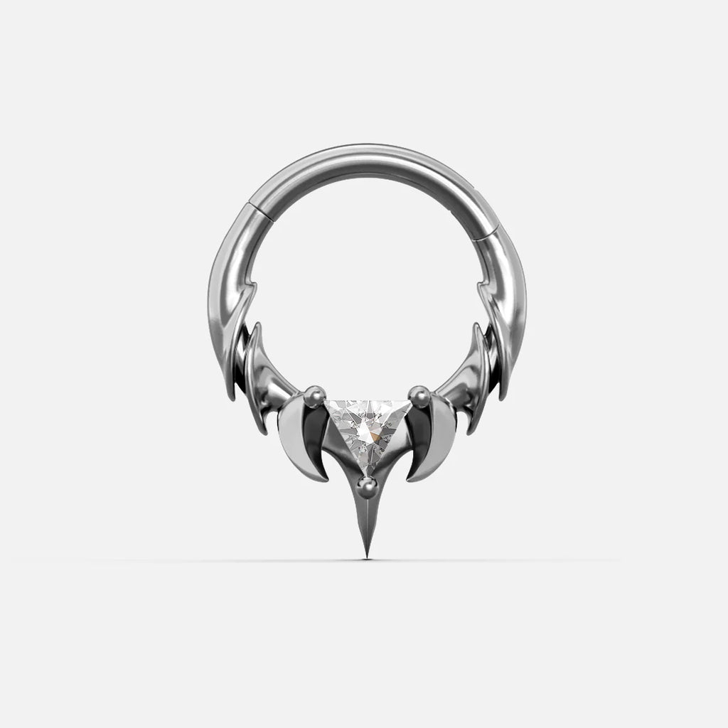 Silver-tone Keystone Ridge Clicker hoop with clawed talon design and clear triangular gem, front view