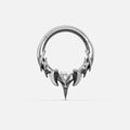 Silver-tone Keystone Ridge Clicker hoop with clawed talon design and clear triangular gem, front view