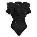 Women's Black Mesh-Ruffle Mock-Neck Bodysuit - front studio view