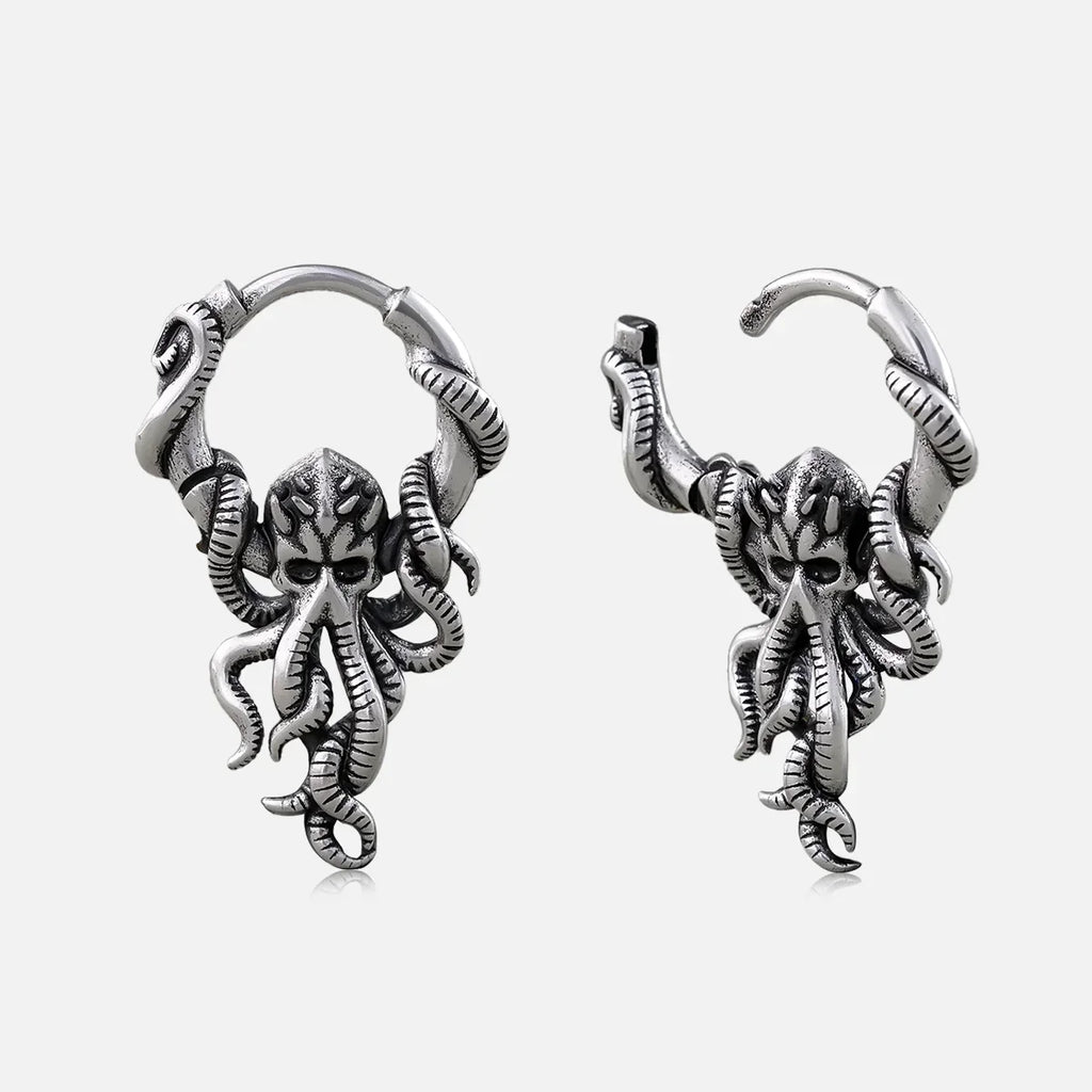 Silver-tone Kraken Mystique hoop earrings with detailed octopus pendants