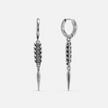 Longinus Abyss Stinger Earrings in 925 sterling silver, pair shown front and back on white, featuring a segmented spine body 