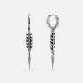 Silver-tone huggie hoop earrings with a spine-like segmented drop ending in a tapered spike