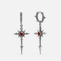 Pair of silver-tone dagger cross earrings with red gemstone center and thorn-textured hoops
