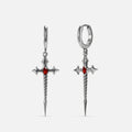 Silver-tone Longinus Godpiercer earrings with red stones, twisted shafts, and spear points