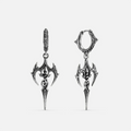 Silver-tone Longinus Halo Piercer earrings with ornate winged blade pendants
